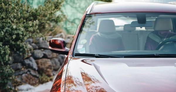 Car side view with trees and rocks on the side