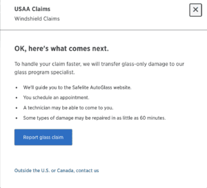 Image of the USAA website showing where you begin to file your claim.