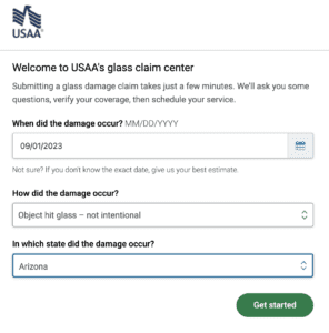 Image of USAA insurance website asking for key information for filing an auto glass claim