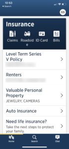 Image from USAA insurance app showing the Insurance page