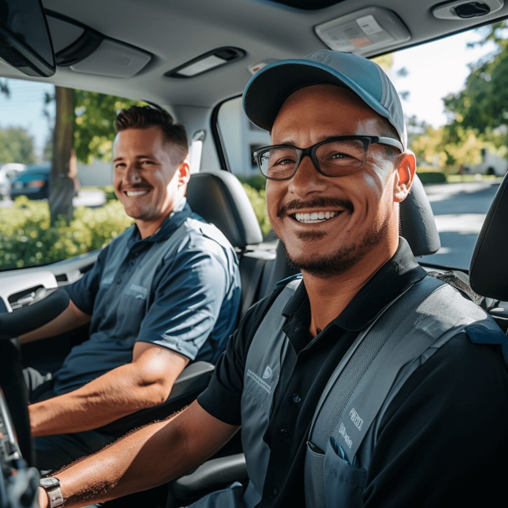 Color photo of two AGSNW auto glass technicians in their truck on the way to complete a car window repair